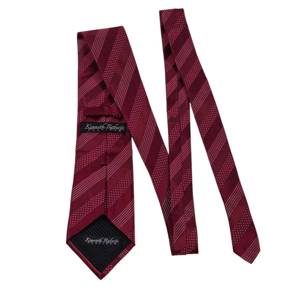 Kenneth Roberts Platinum Mens Necktie Red Striped Micro Dot 100% Silk Handmade